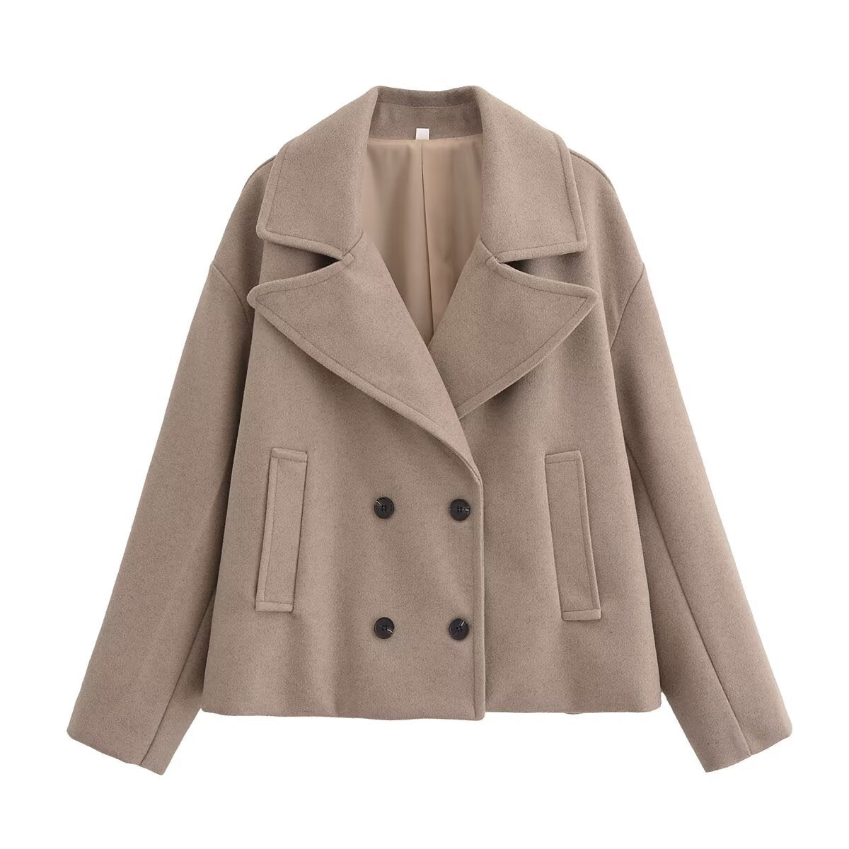 Margo & Main – Thalia khaki cropped pea coat, double-breasted front, US women's sizes