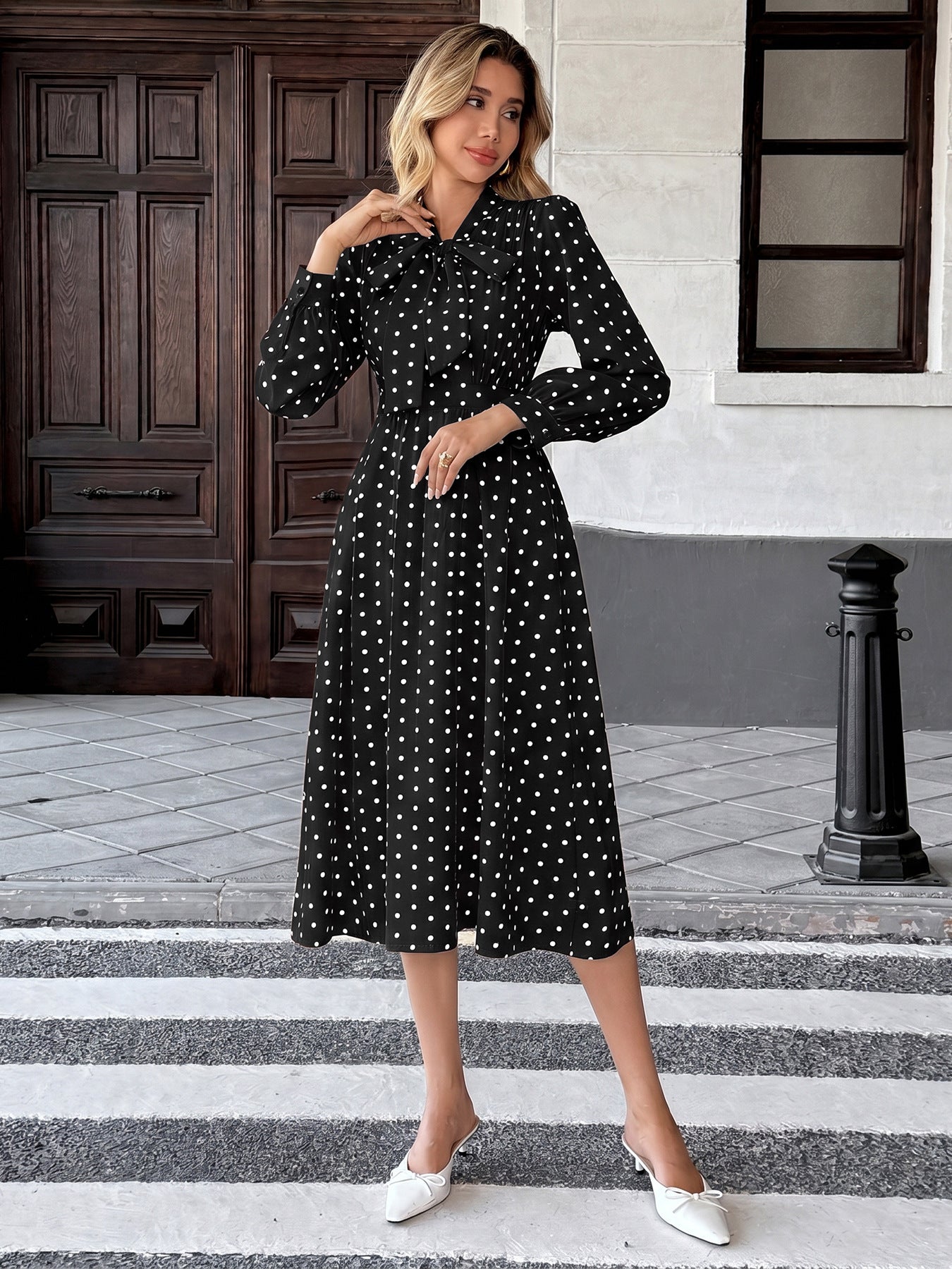 Margo & Main – polka dot tie neck pleated midi dress, worn view, US women's sizes