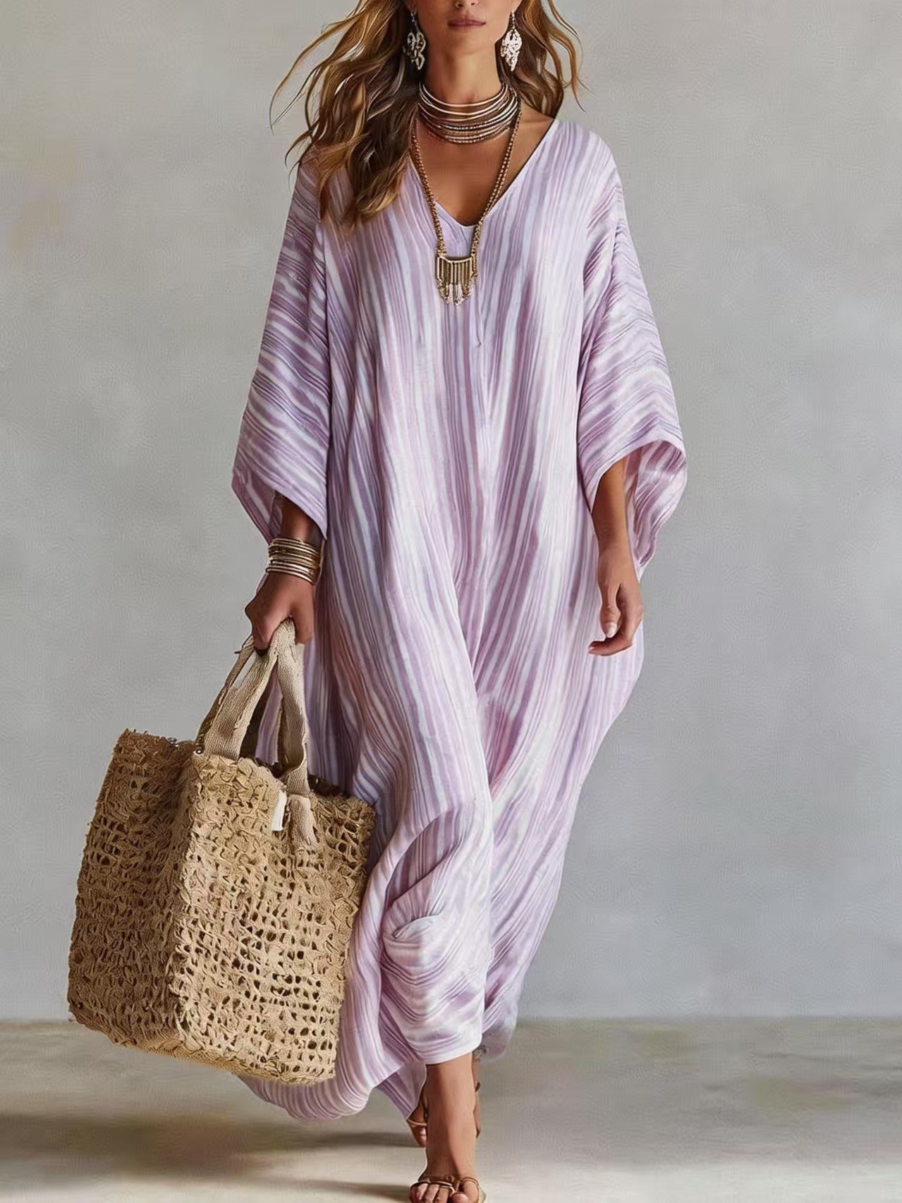 Margo & Main – striped v-neck caftan maxi dress, fabric detail, US women's sizes
