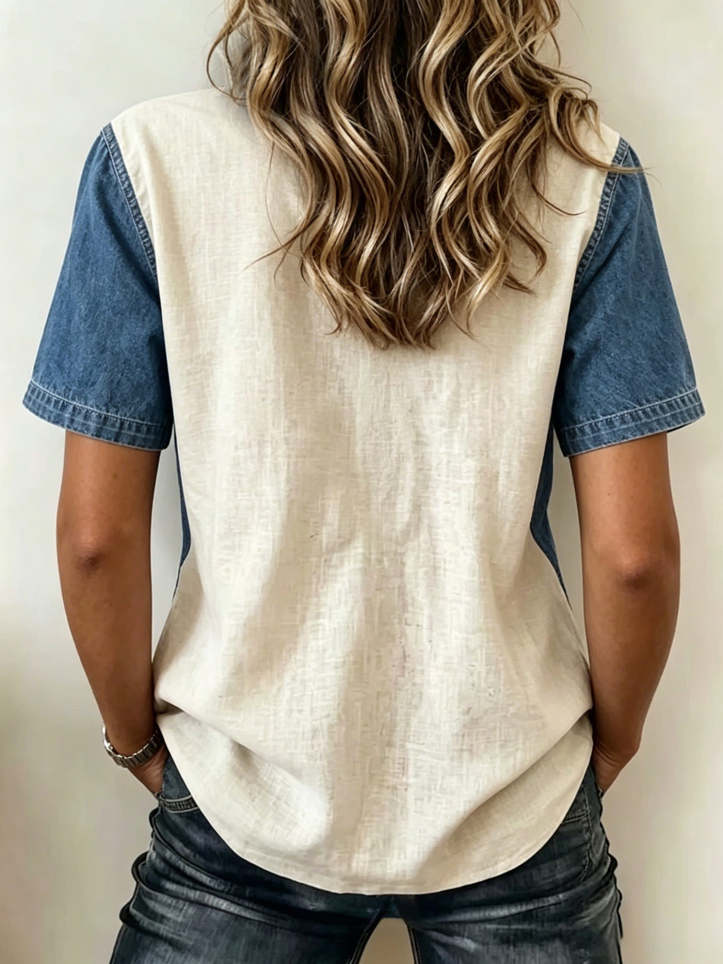 Alexandra Denim Contrast V-Neck Blouse