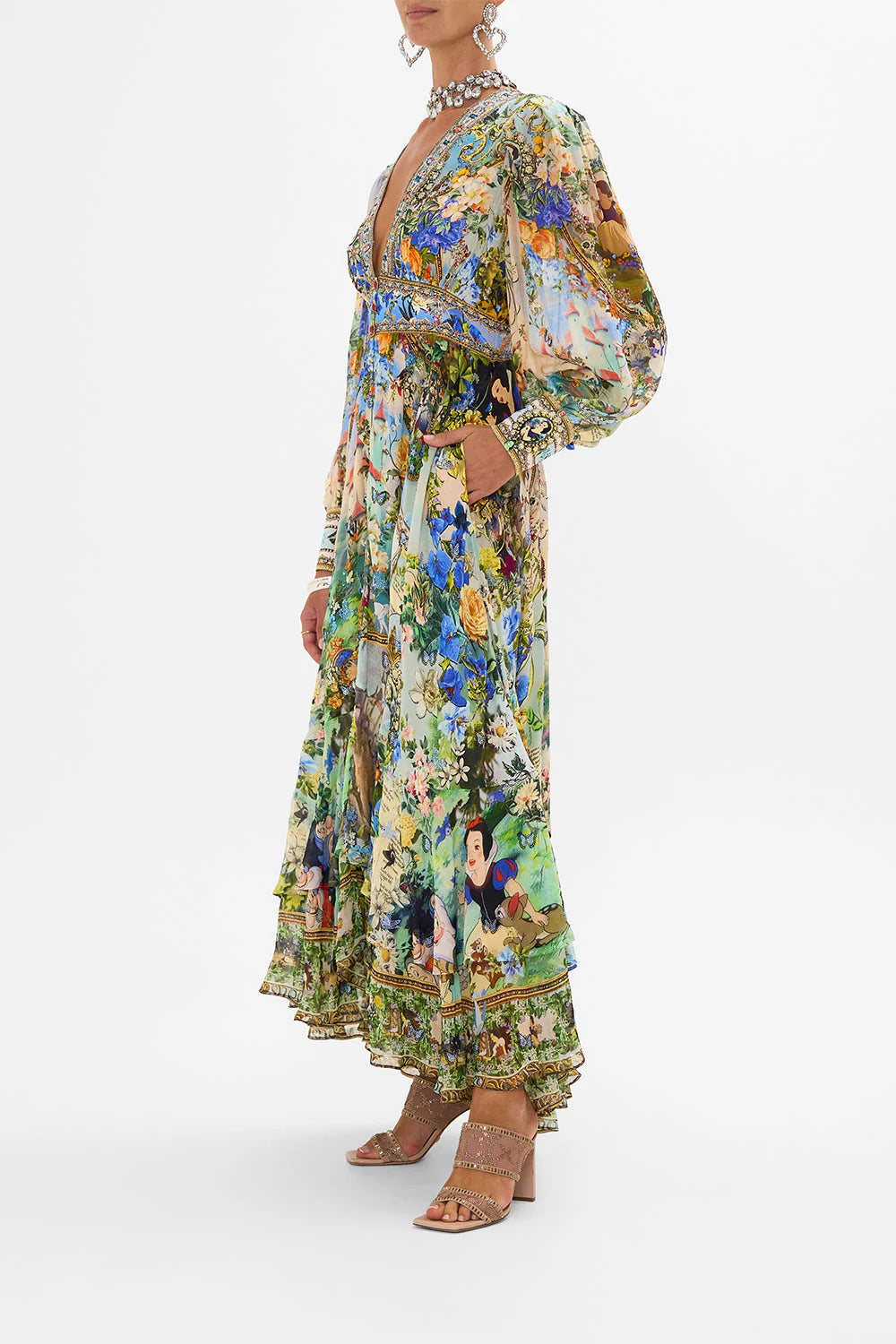 Margo & Main – floral chiffon puff sleeve maxi dress, worn view, US women's sizes