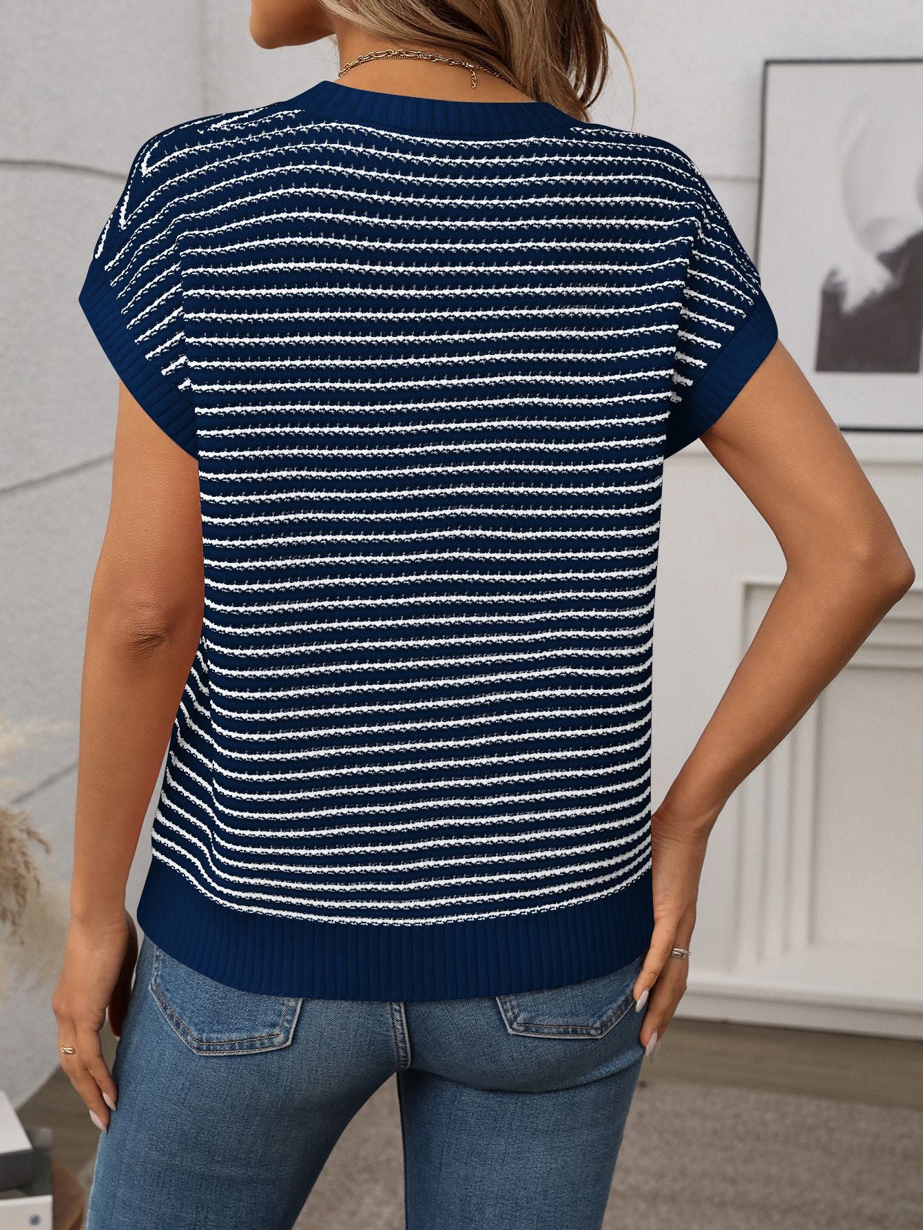 Irene Striped Textured Cap Sleeve Knit Top