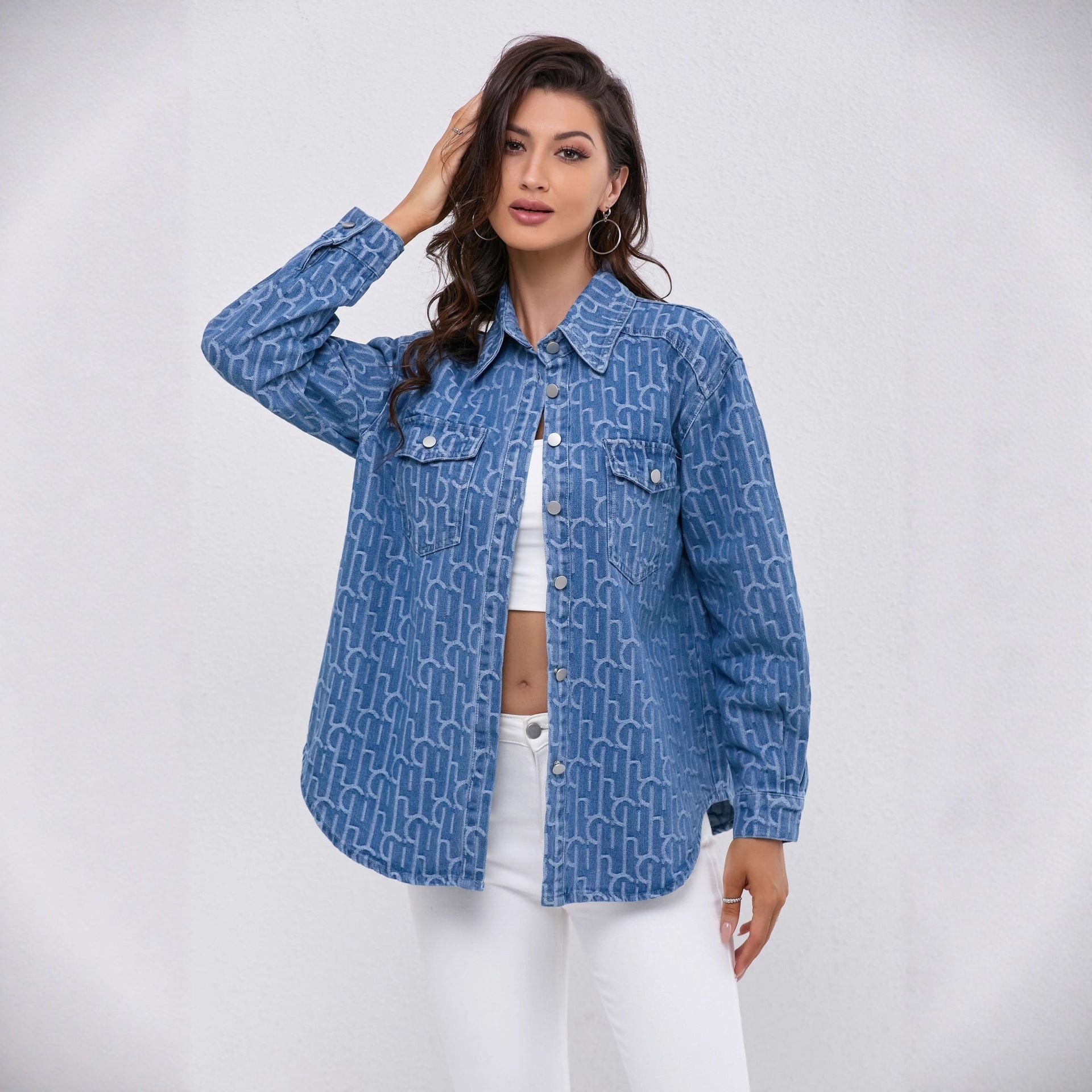 Margo & Main – Blue Printed Jacquard Denim Shirt Jacket Full Front View, US women's sizes