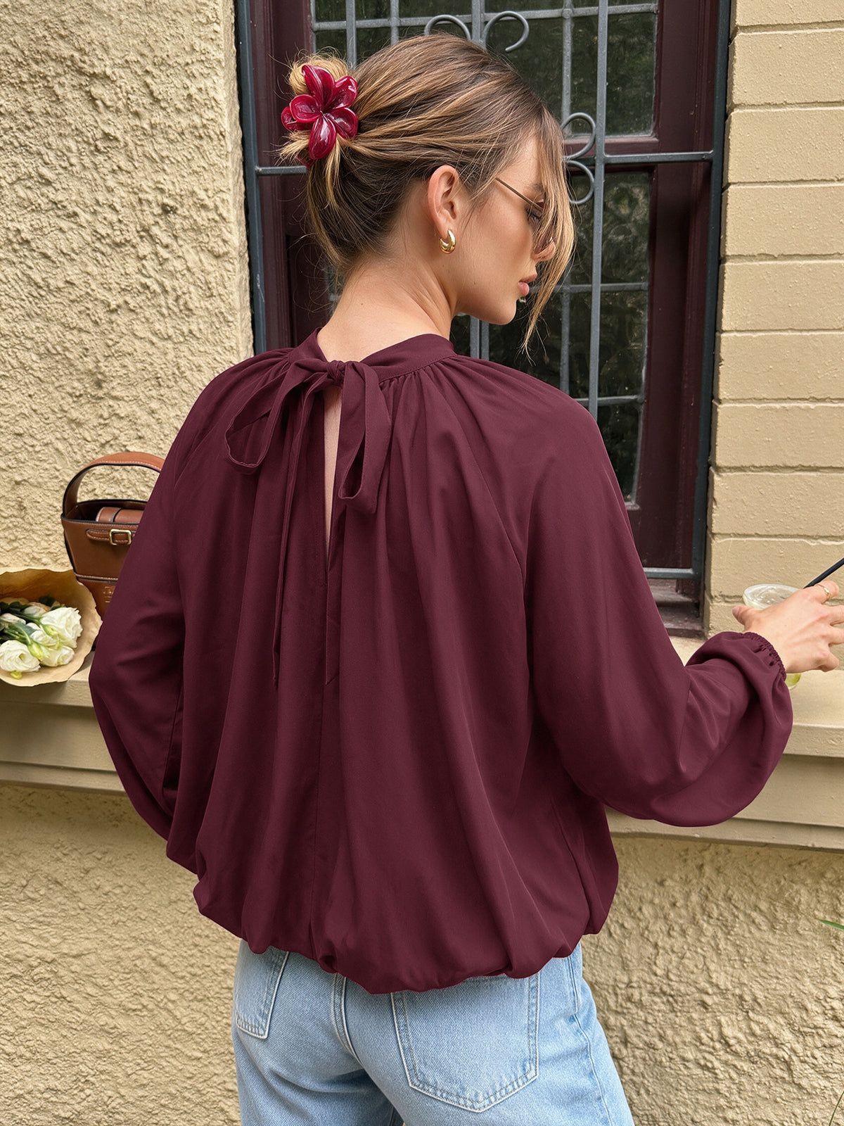 Tirzah Mock Neck Balloon Sleeve Back-Bow Blouse
