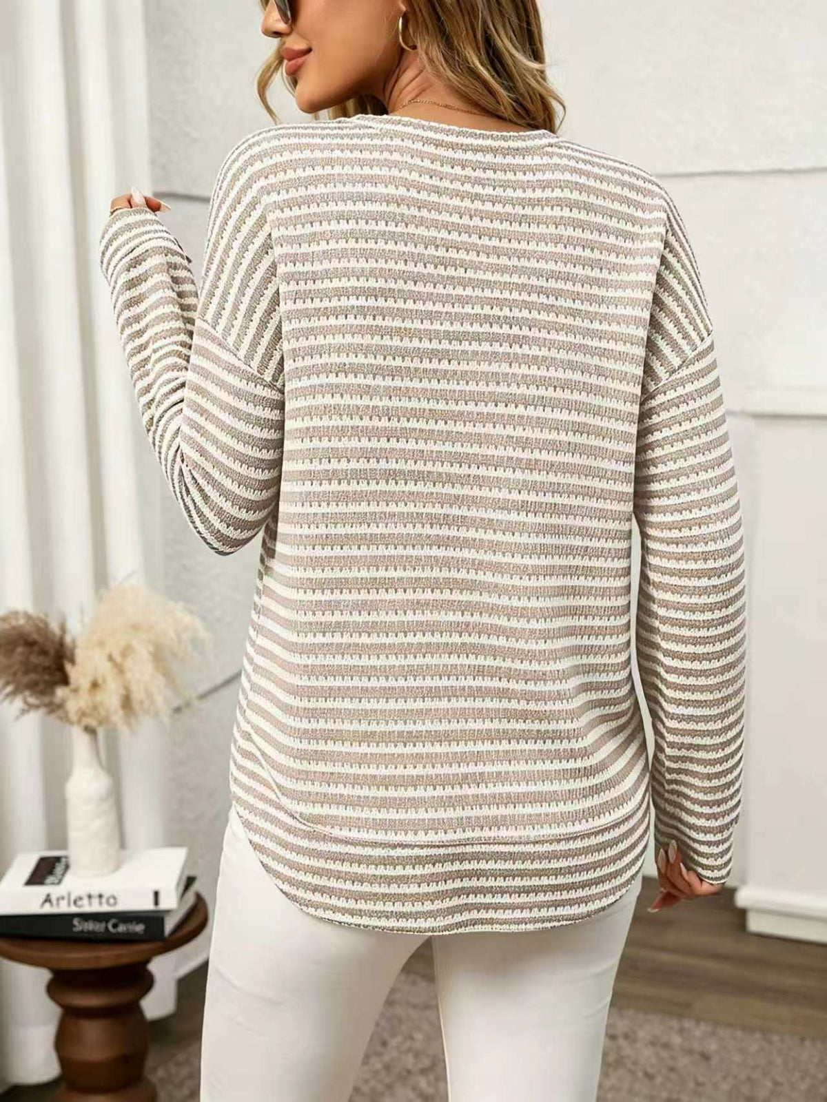 Margo & Main – Alvina taupe striped waffle-knit crewneck long sleeve top, back view with the curved hem, US women's sizes
