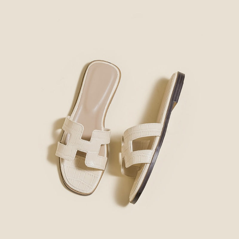 Margo & Main – Milky white croc-embossed H-strap slide sandals, top view, US women's sizes