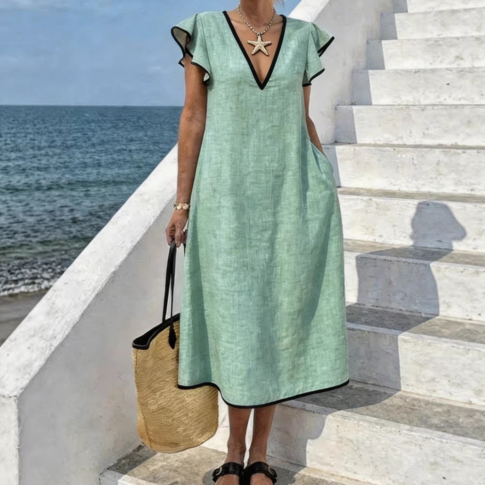 Margo & Main – contrast-trim linen maxi dress, detail view, US women's sizes