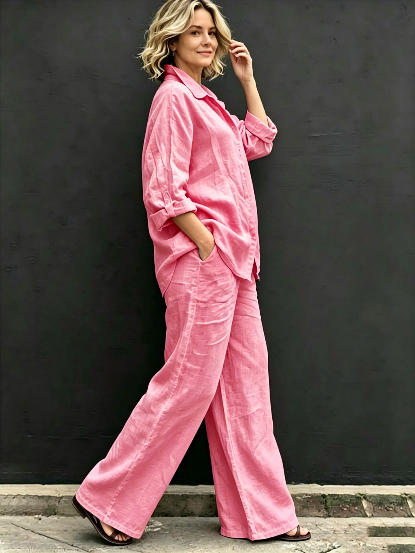 Brisa Relaxed Button-Up Wide Leg Pants Set