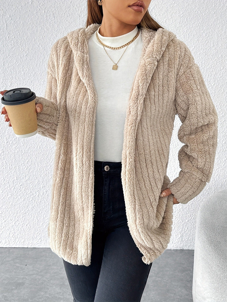Margo & Main - tan hooded fleece jacket styled with jeans, lifestyle view, US women's sizes