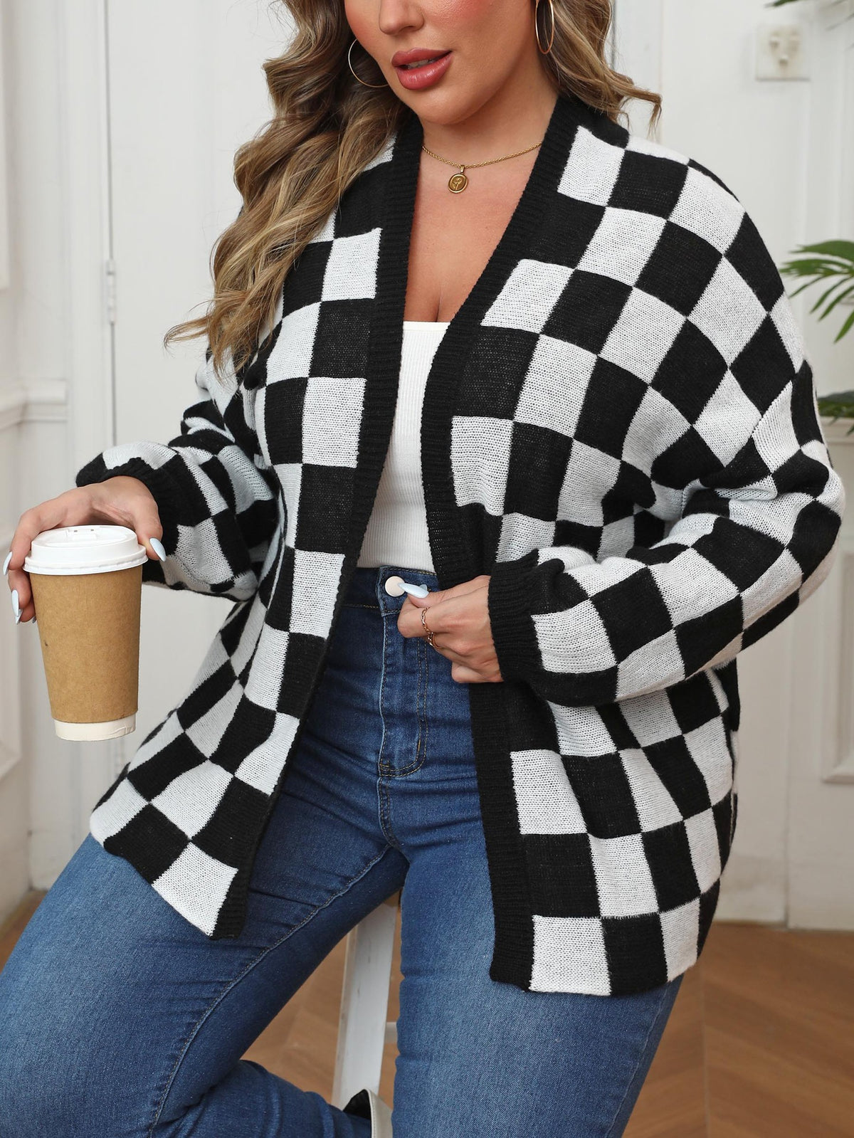 Orabelle Checkerboard Plus Size Open Front Cardigan