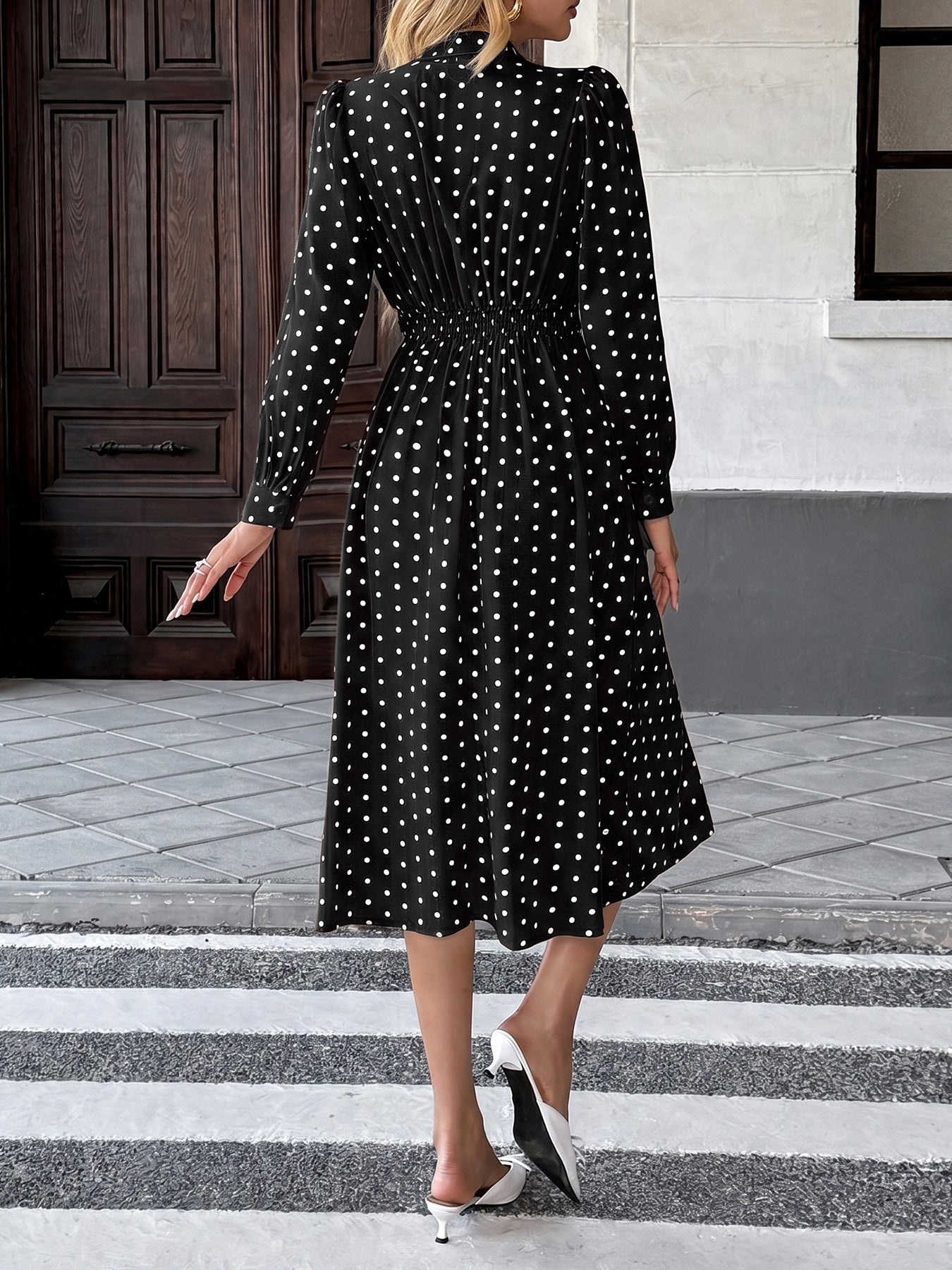 Margo & Main – polka dot tie neck pleated midi dress, full length view, US women's sizes