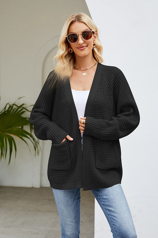 Margo & Main – waffle knit open front cardigan, close-up view, US women's sizes