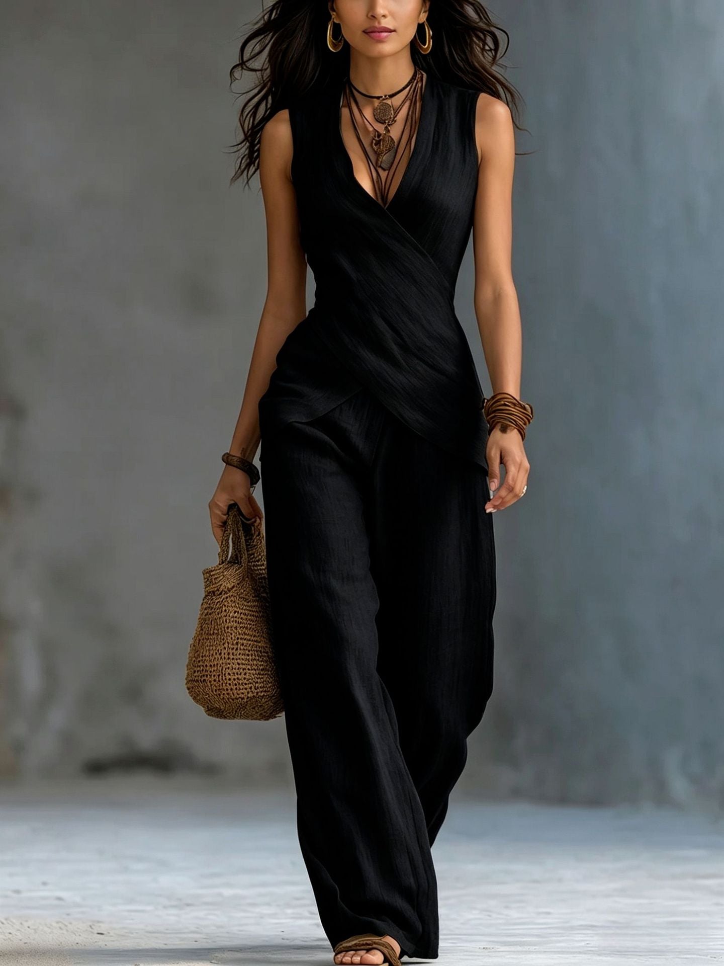 Margo & Main – linen wrap top and wide-leg pant set, side view, US women's sizes