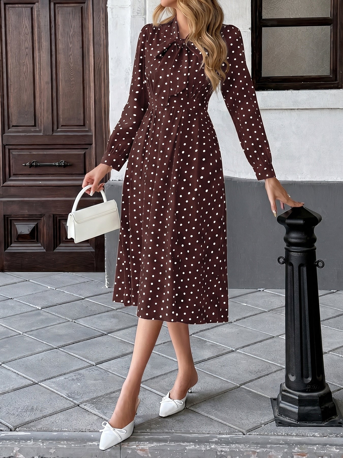 Margo & Main – polka dot tie neck pleated midi dress, additional view 12, US women's sizes