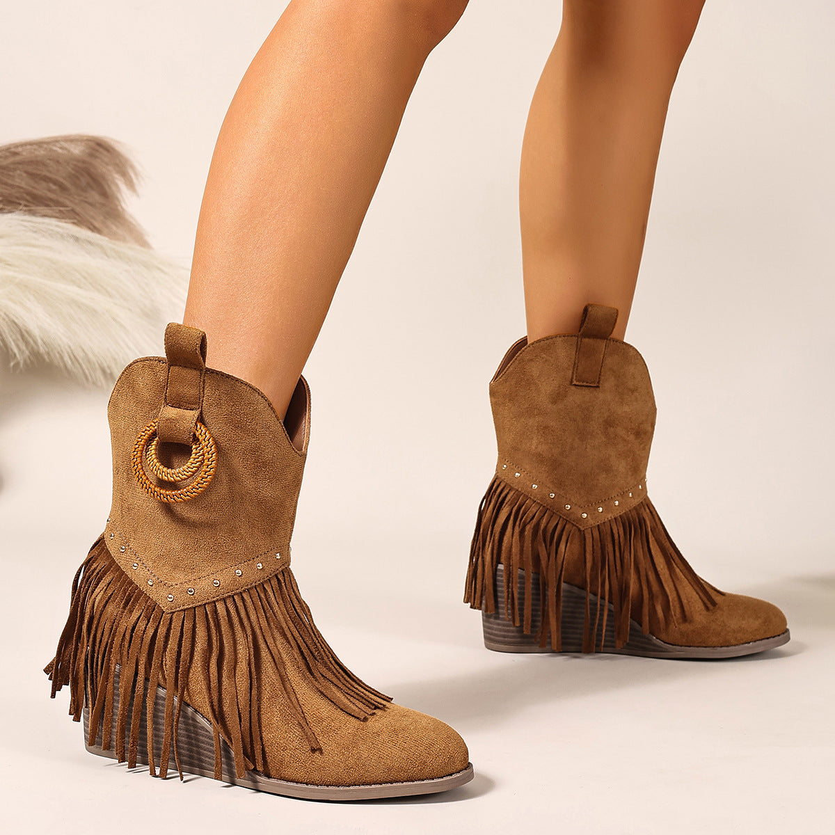 Mirren Fringe Studded Western Mid-Calf Boots