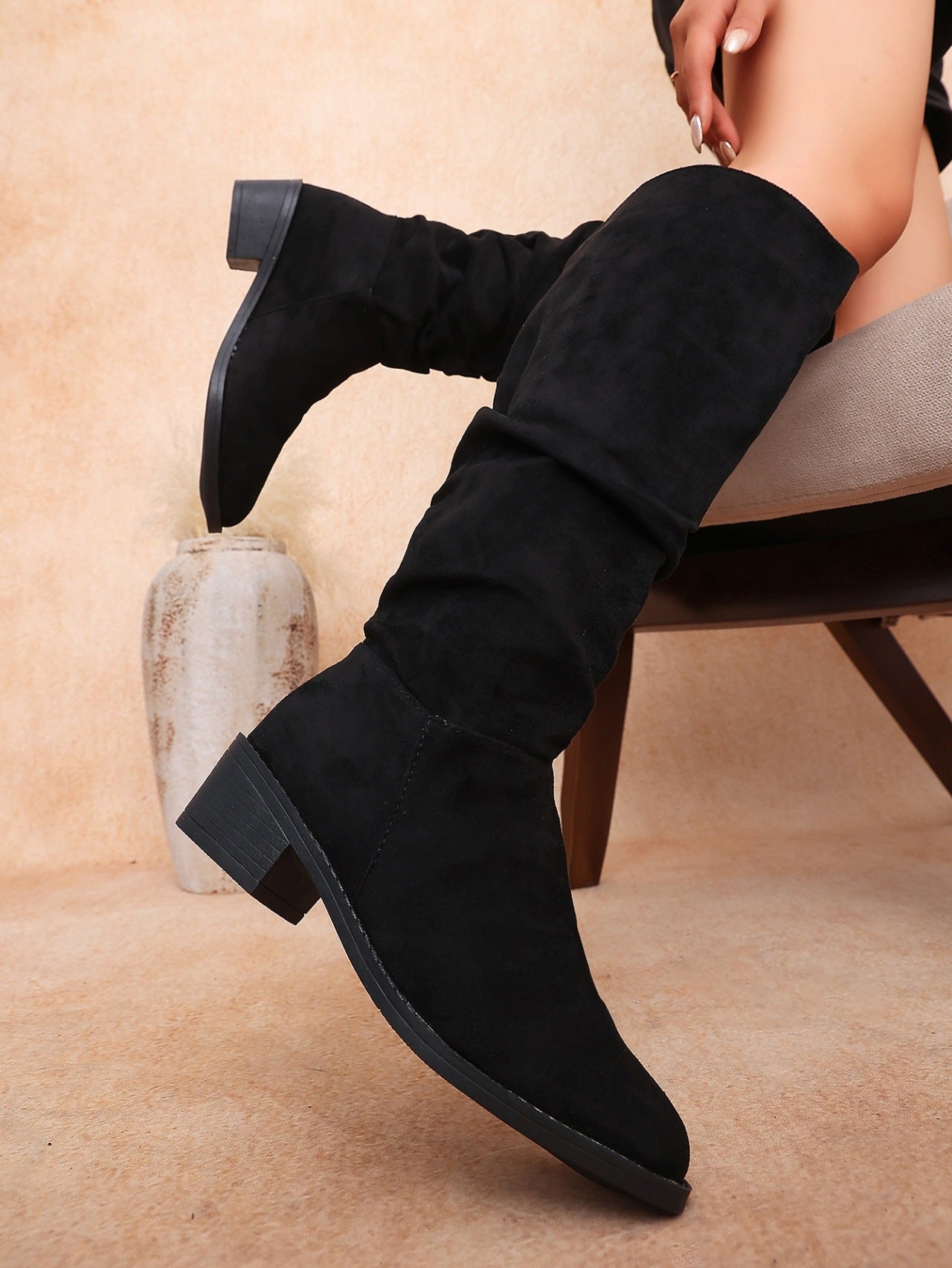 Margo & Main – slouchy faux suede knee-high boots, side view, US women's sizes