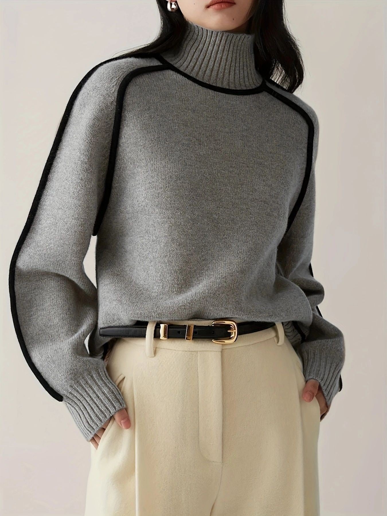 Margo & Main – contrast piping turtleneck sweater, full length view, US women's sizes