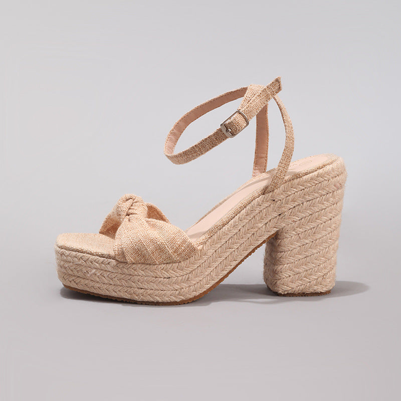 Margo & Main – Tan bow wedge sandals, side profile with braided jute platform, US women's sizes