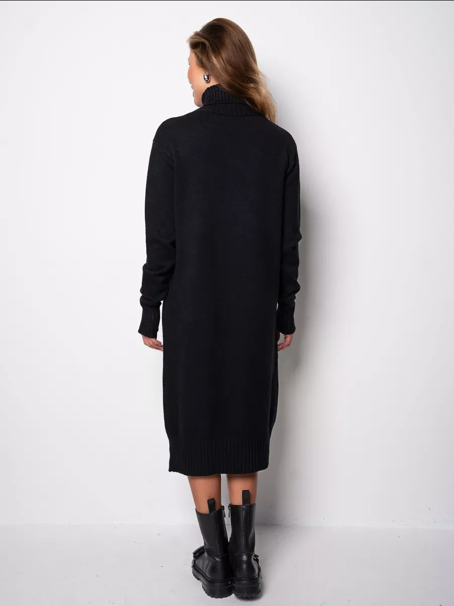 Margo & Main - black turtleneck sweater dress back view worn with boots, US women's sizes