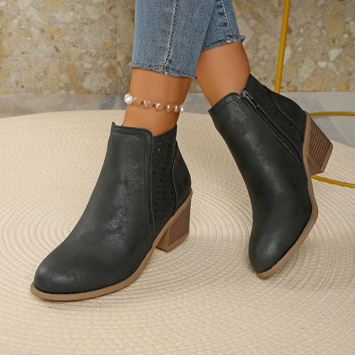 Margo & Main – cutout block heel ankle boots, side view, US women's sizes