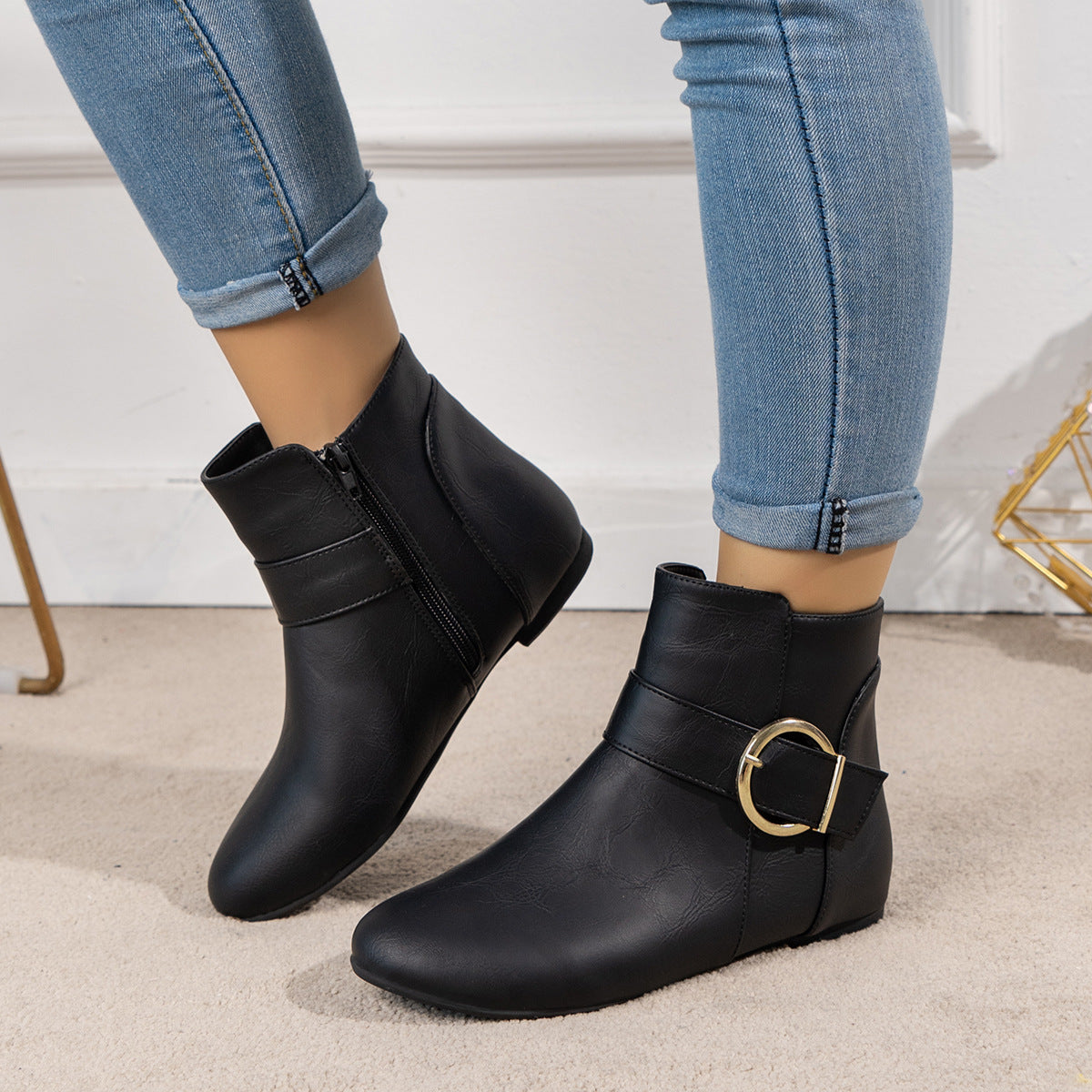 Effie Buckle Strap Side-Zip Flat Ankle Boots