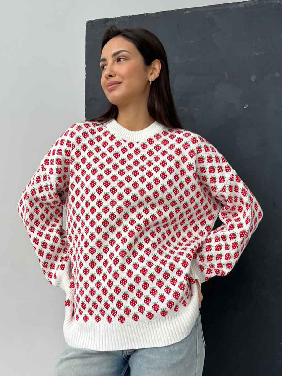 Alodie Strawberry Jacquard Crew Neck Sweater