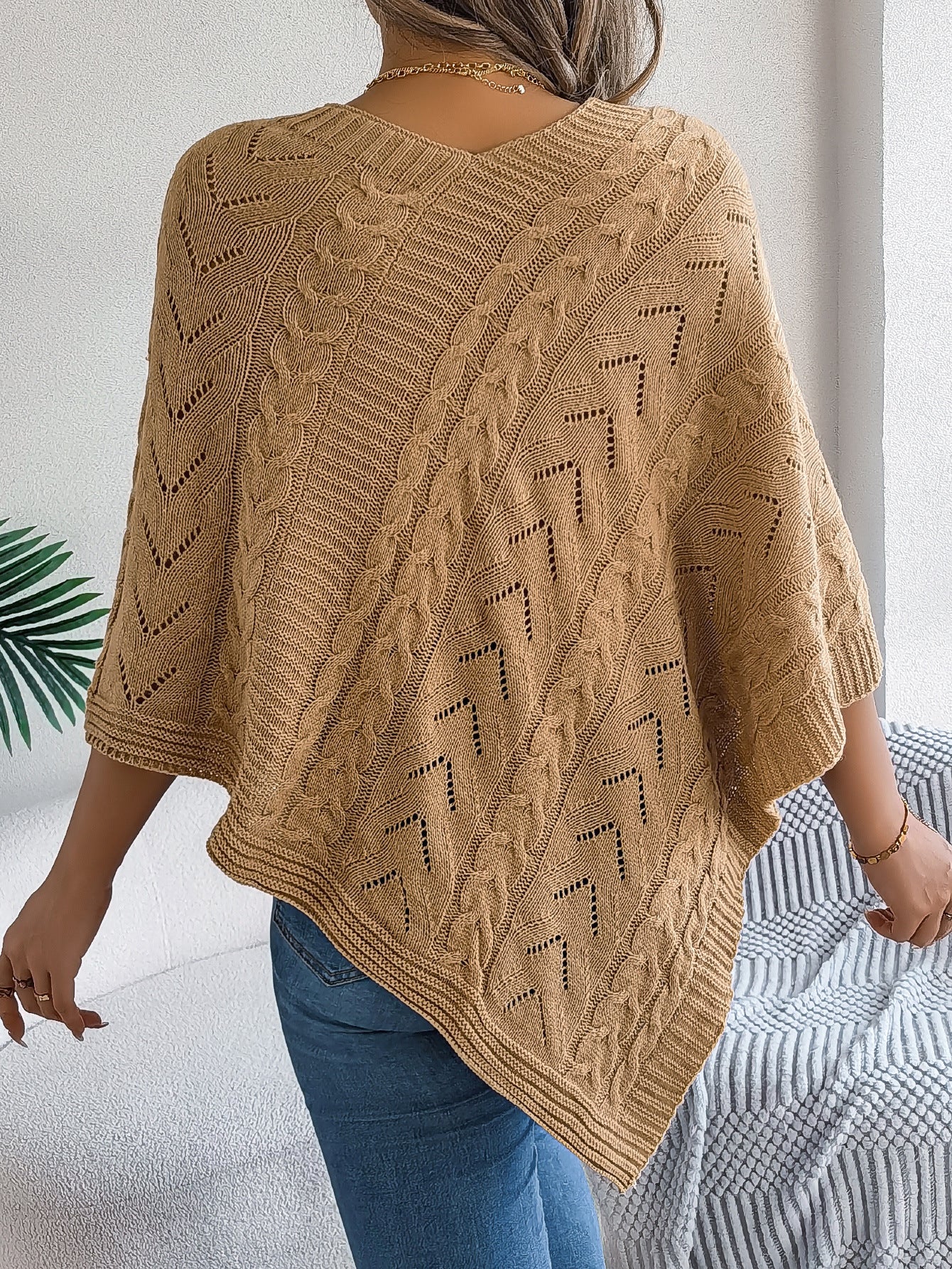 Margo & Main – cable knit v-neck cape poncho, back view, US women's sizes