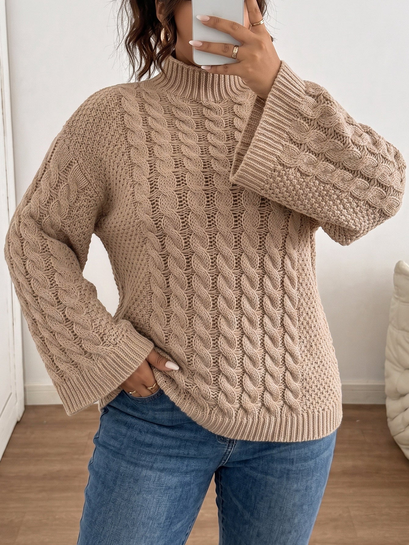 Margo & Main – chunky cable flare sleeve sweater, fabric detail, US women's sizes