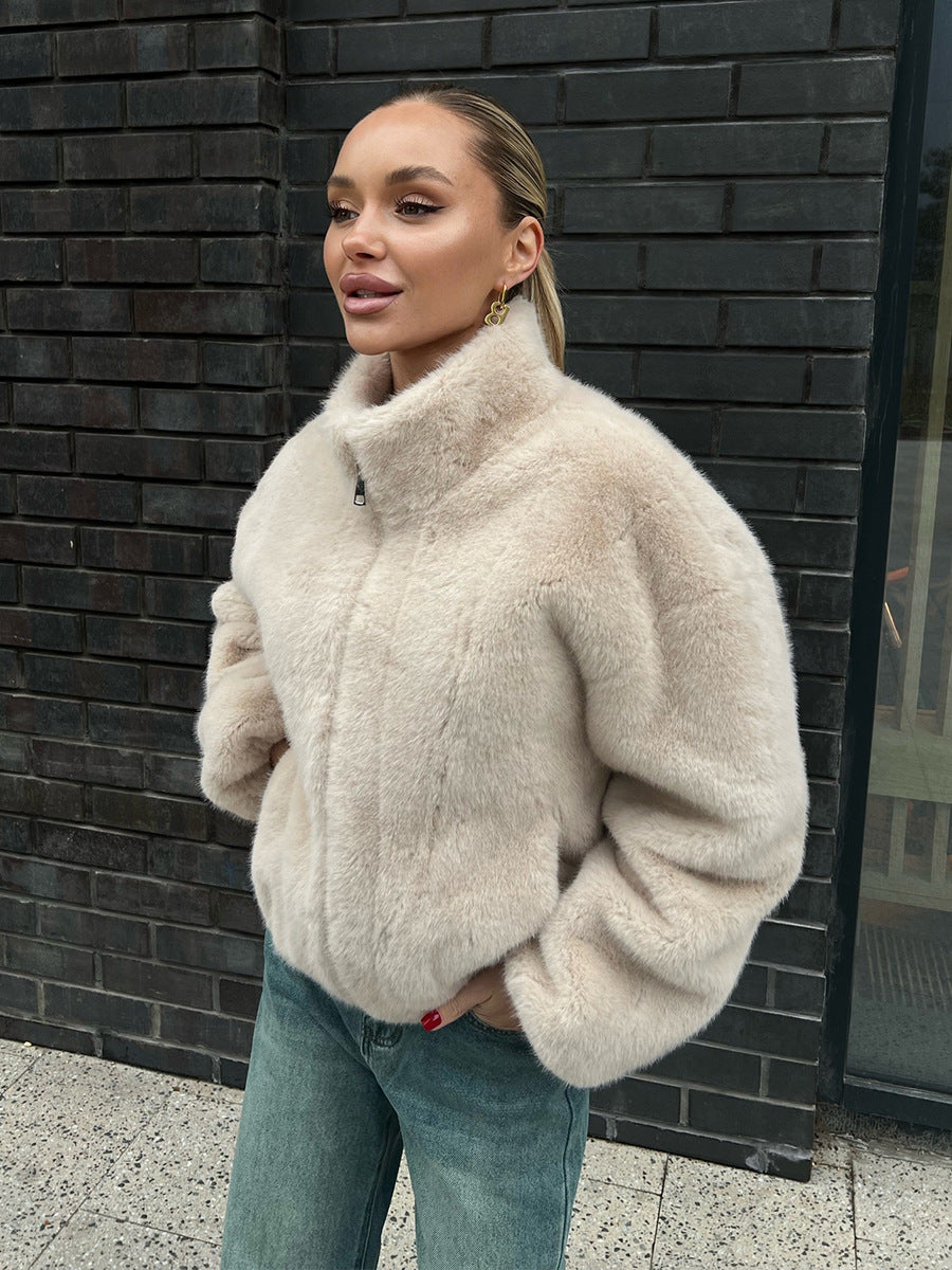 Essie Cropped Faux Fur Stand Collar Jacket