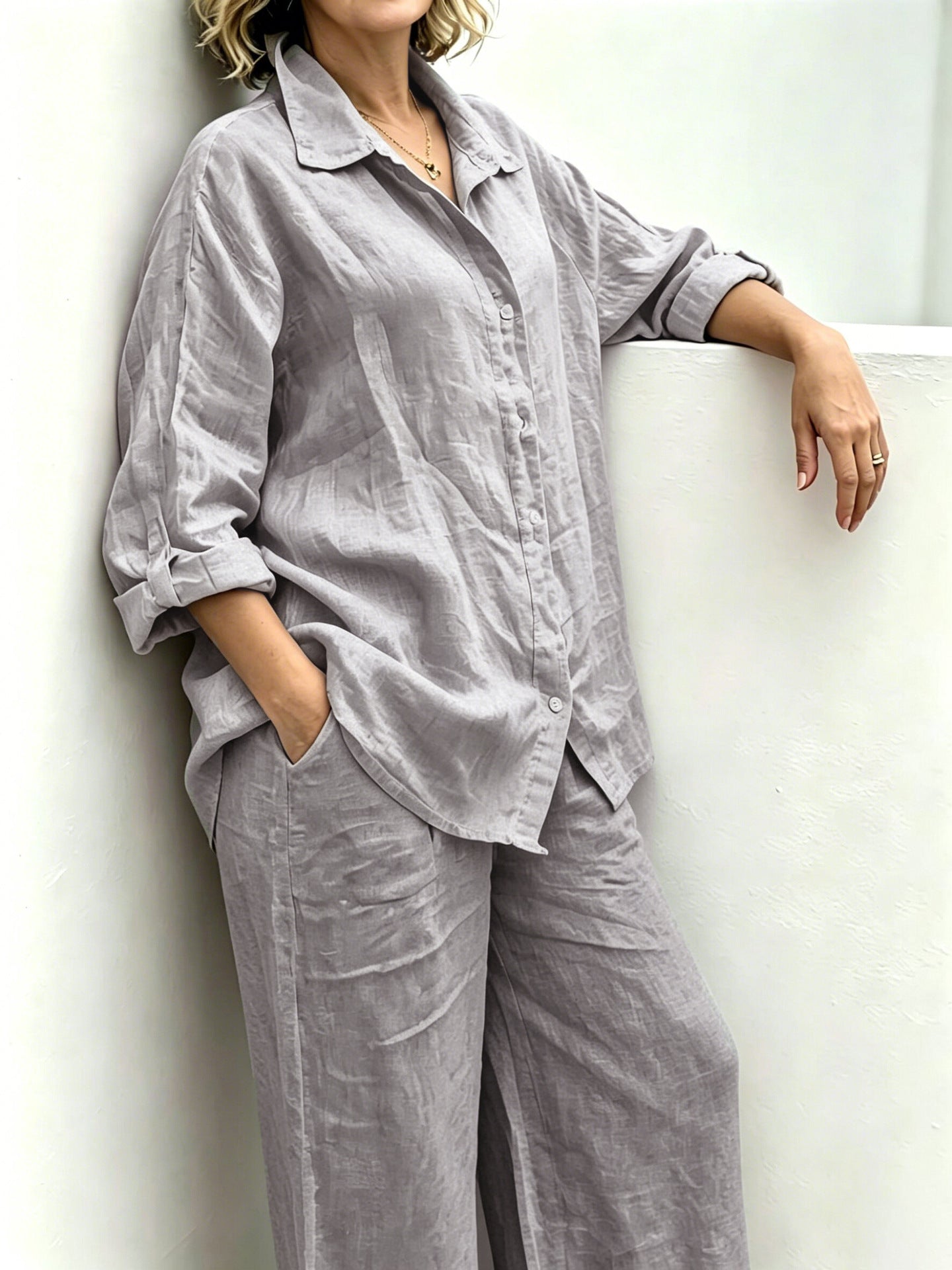 Brisa Relaxed Button-Up Wide Leg Pants Set