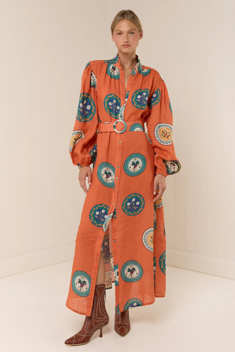 Rhoda Linen Floral Belted Shirt Dress
