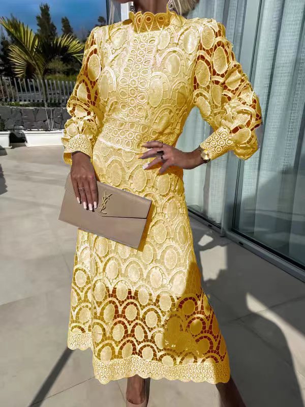 Margo & Main – Yellow crochet lace midi dress, full-length front view on model, US women's sizes