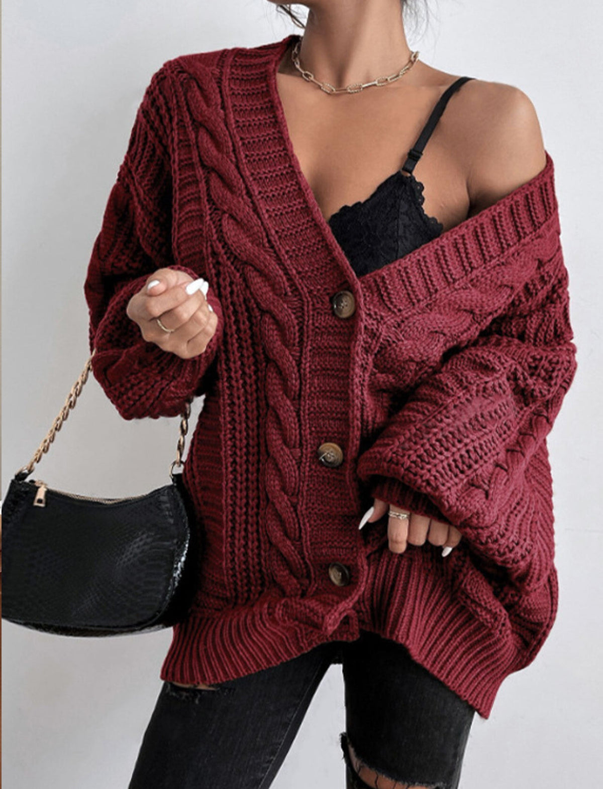 Idonea Chunky Cable Knit Lantern Sleeve Cardigan