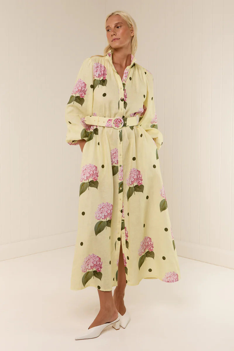 Rhoda Linen Floral Belted Shirt Dress