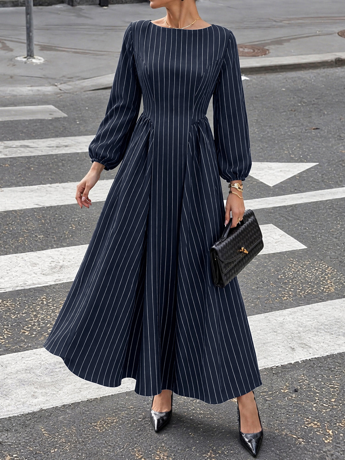 Gudrun Pinstripe Long Sleeve Maxi Dress