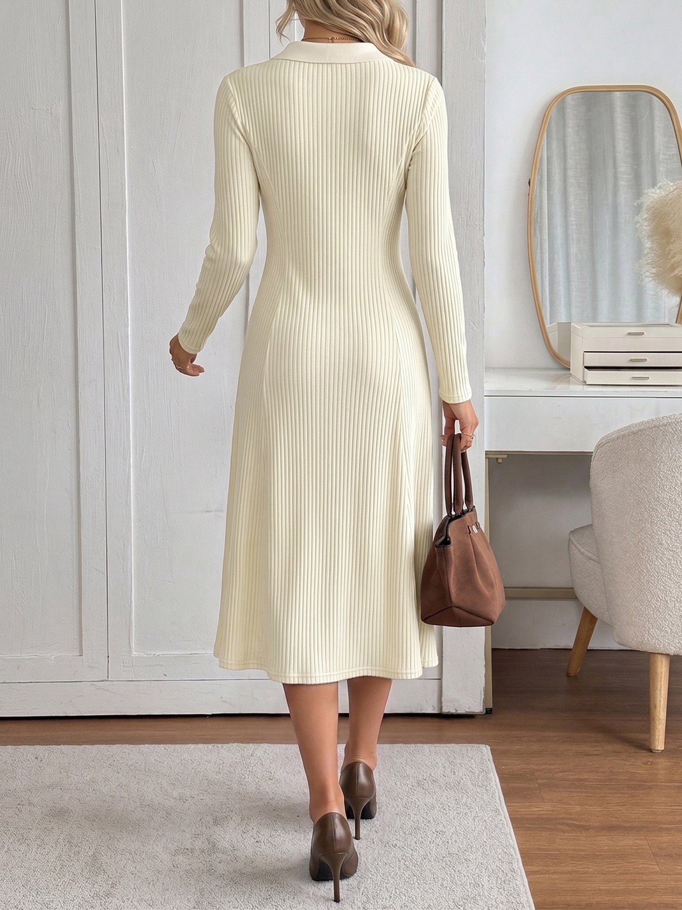 Margo & Main – cream ribbed knit polo collar midi dress, back view, US women's sizes