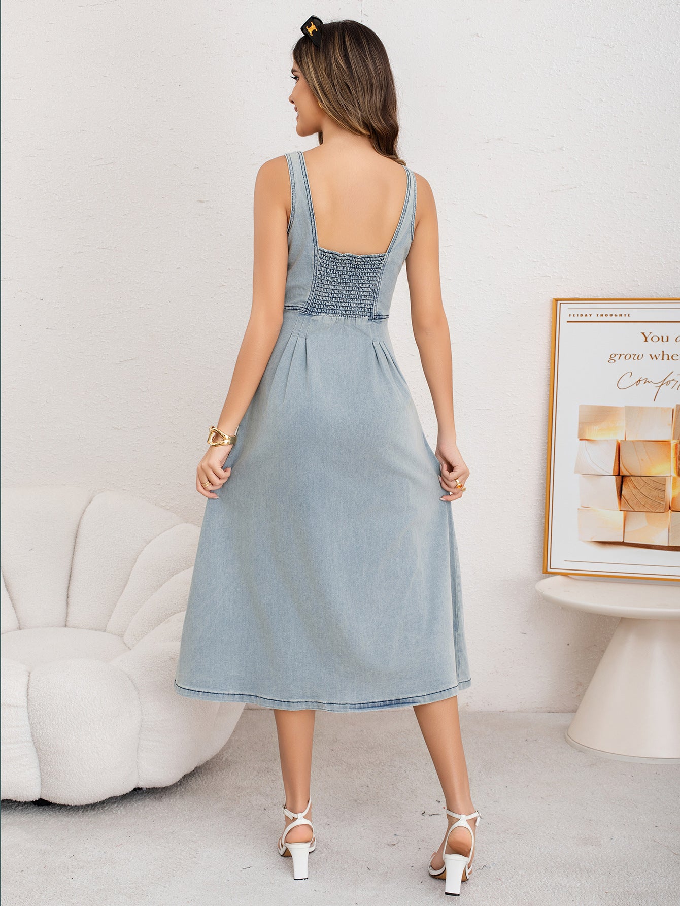 Margo & Main – blue button-front denim midi dress, side view, US women's sizes