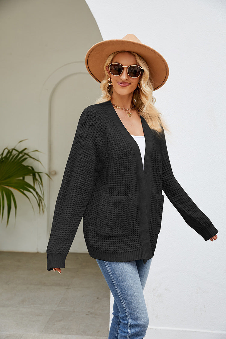 Margo & Main – waffle knit open front cardigan, angled view, US women's sizes