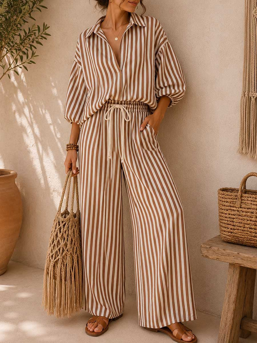 Etta Cotton Linen Striped Two Piece Pants Set