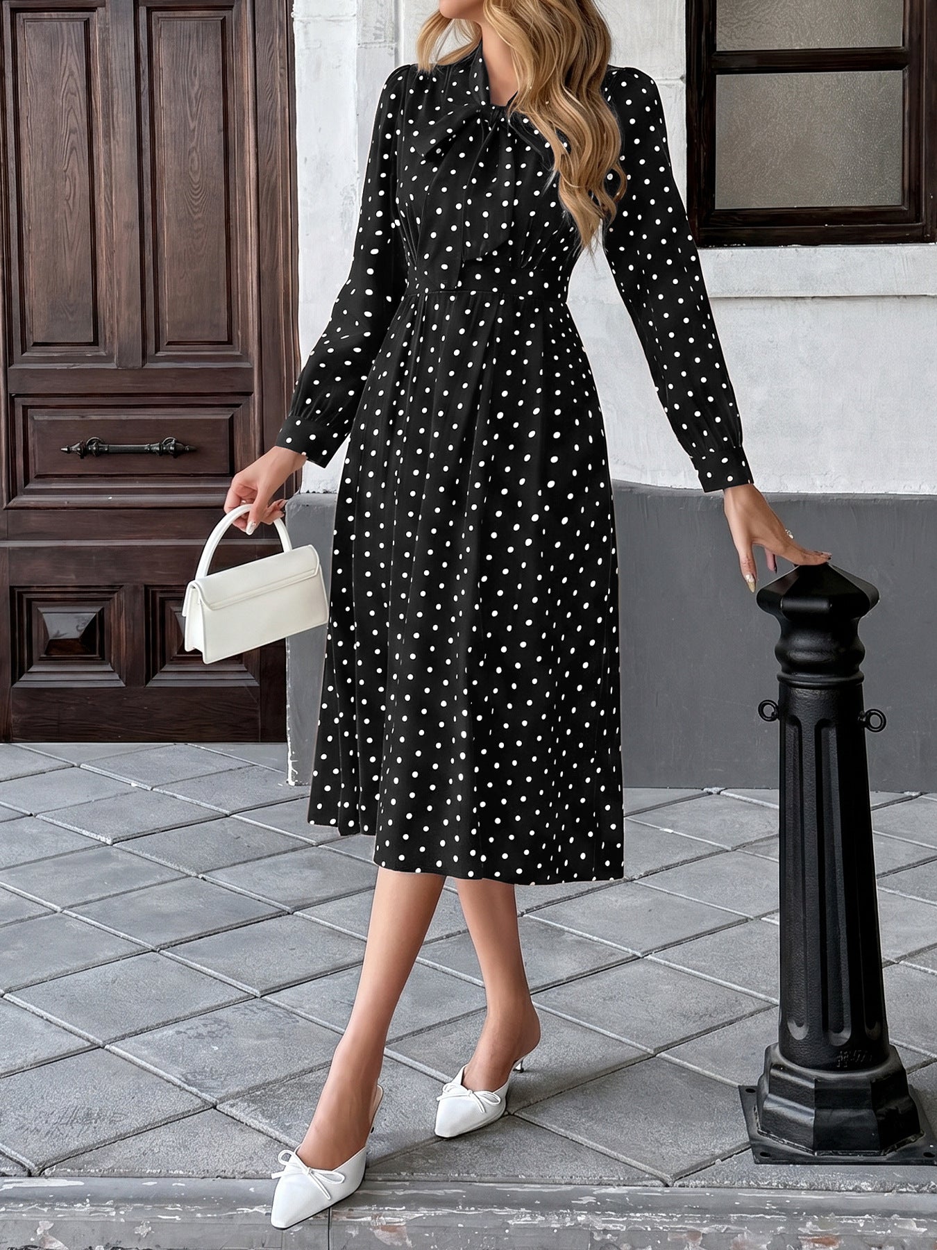 Margo & Main – polka dot tie neck pleated midi dress, close-up view, US women's sizes