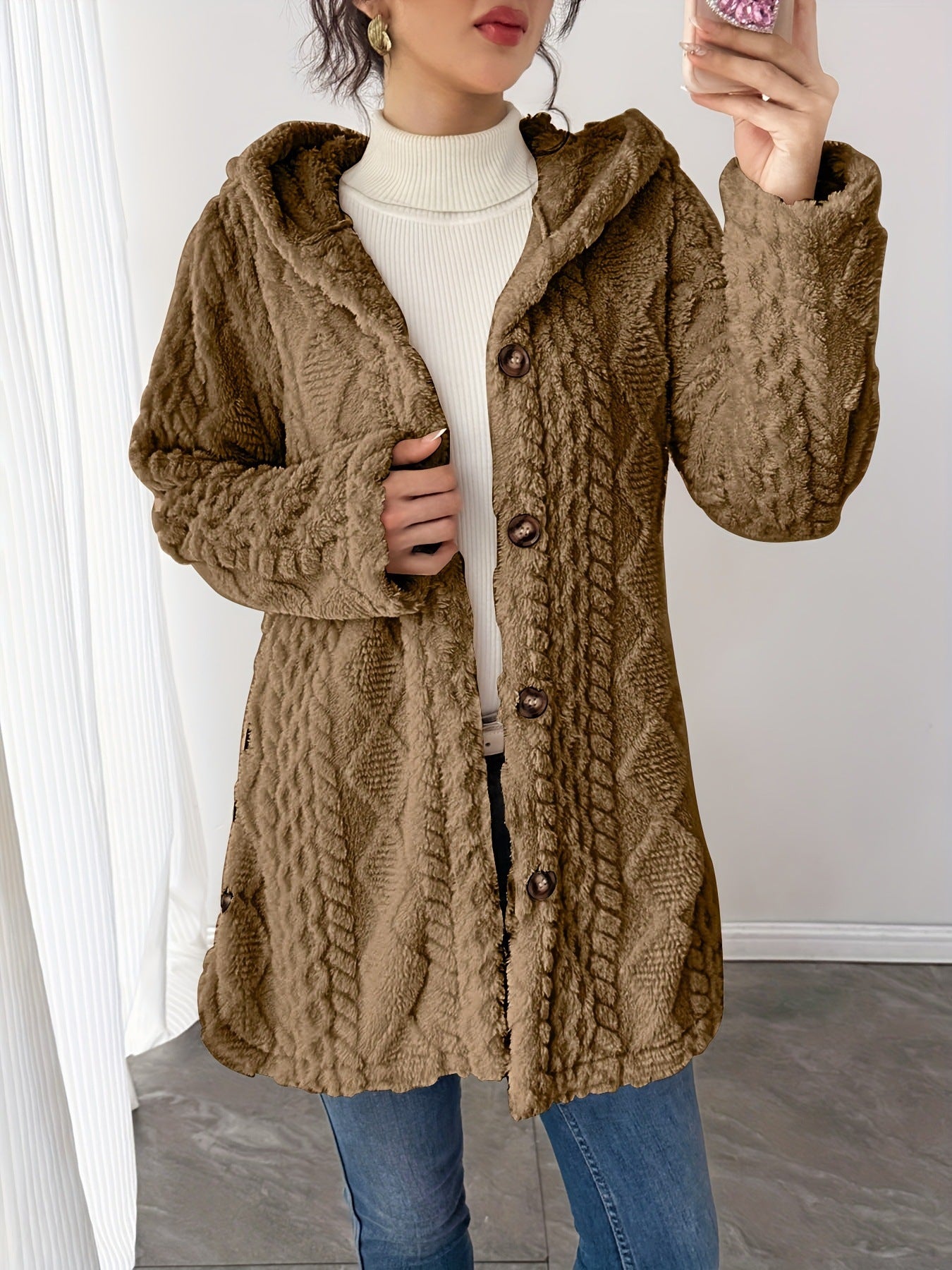 Margo & Main – hooded sherpa fleece button jacket, angled view, US women's sizes