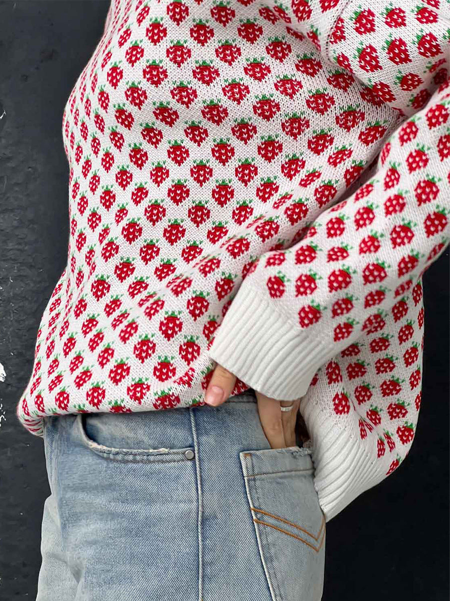 Alodie Strawberry Jacquard Crew Neck Sweater