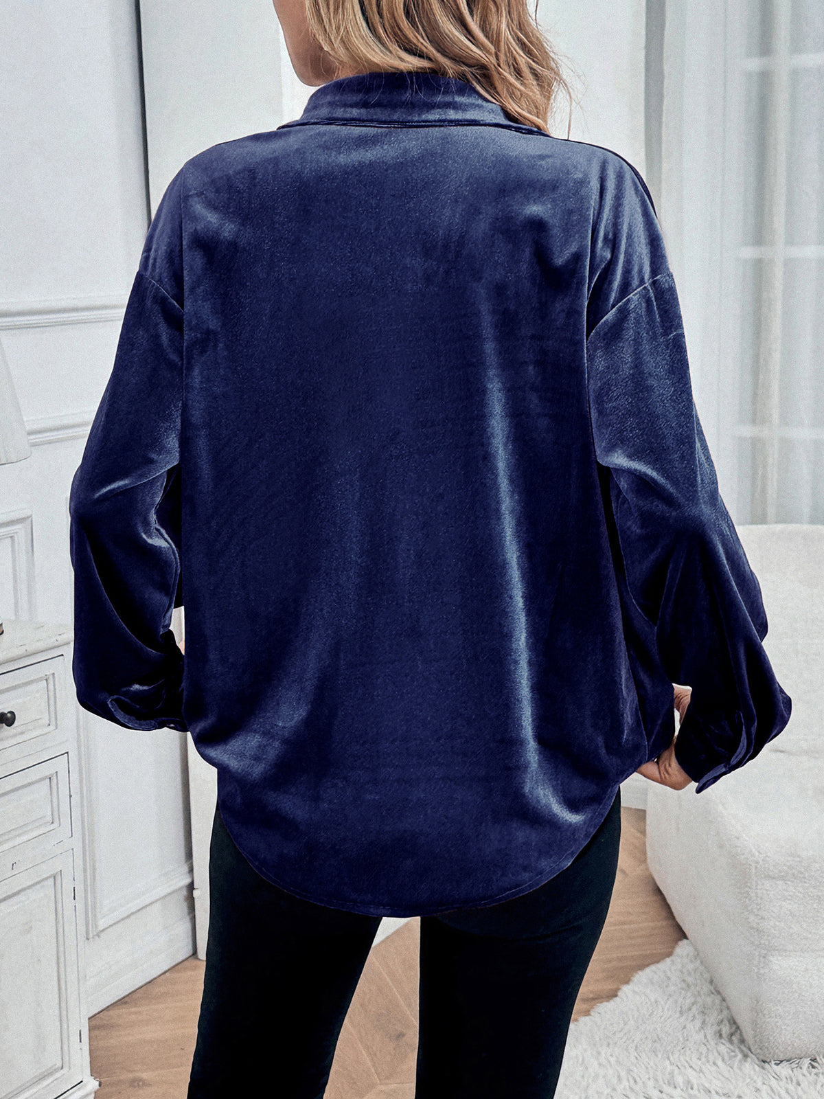 Margo & Main royal blue velvet button-front shirt — back view with drop shoulders, US women's sizes