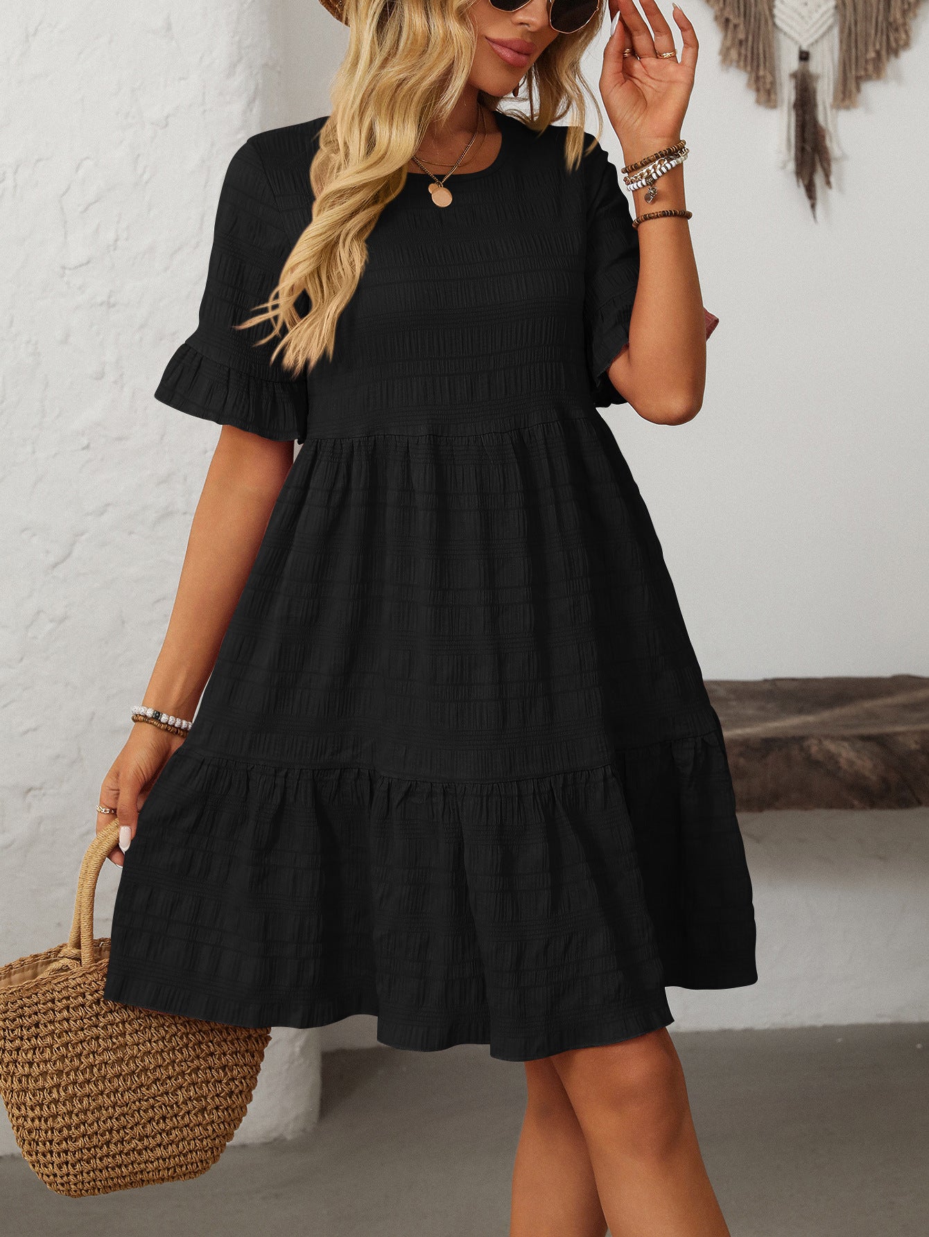 Vianne Textured Tiered Short-Sleeve Dress