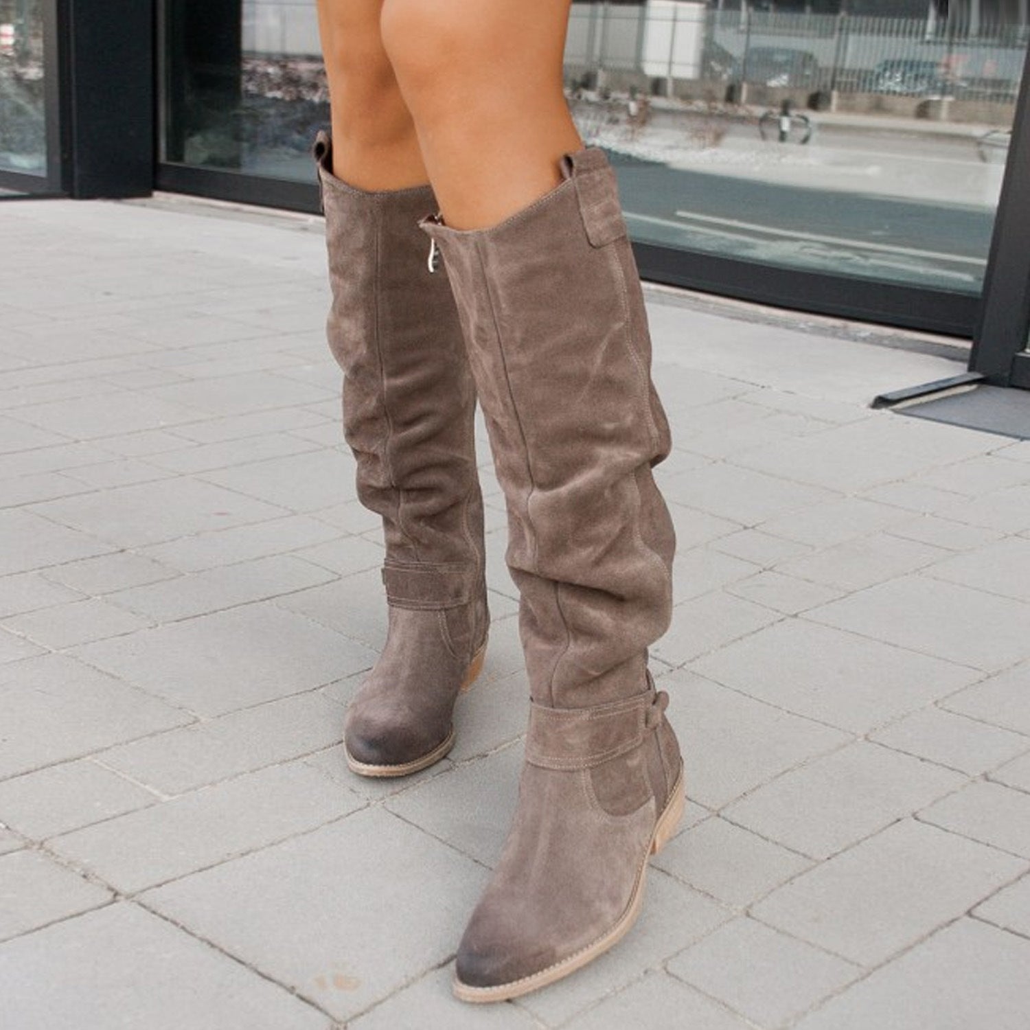Margo & Main – slouched suede knee-high boots, close-up view, US women's sizes