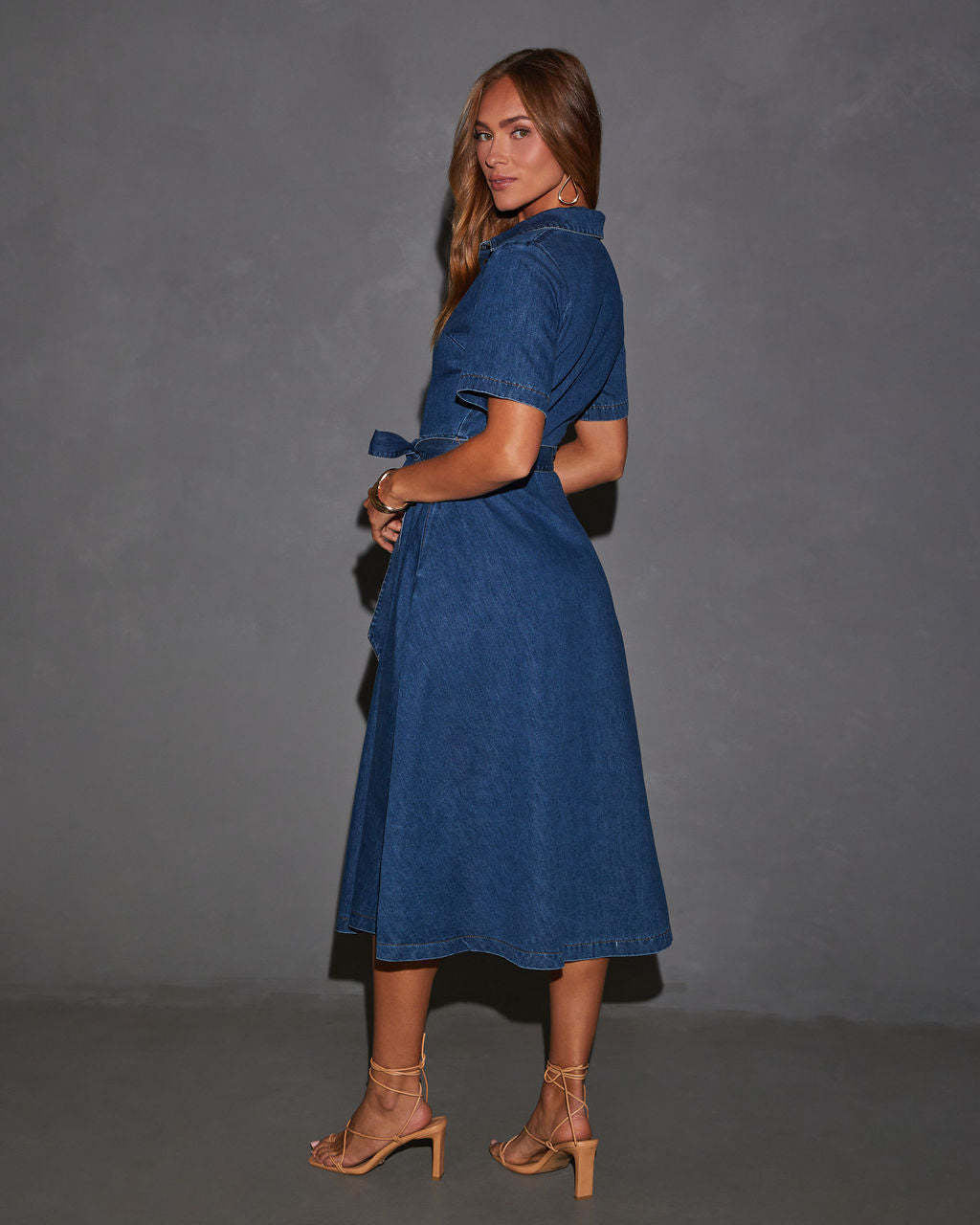 Margo & Main – blue belted denim midi shirt dress, styled view, US women's sizes