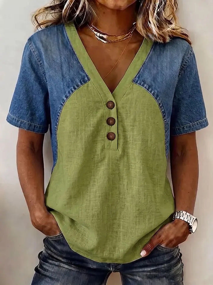 Alexandra Denim Contrast V-Neck Blouse