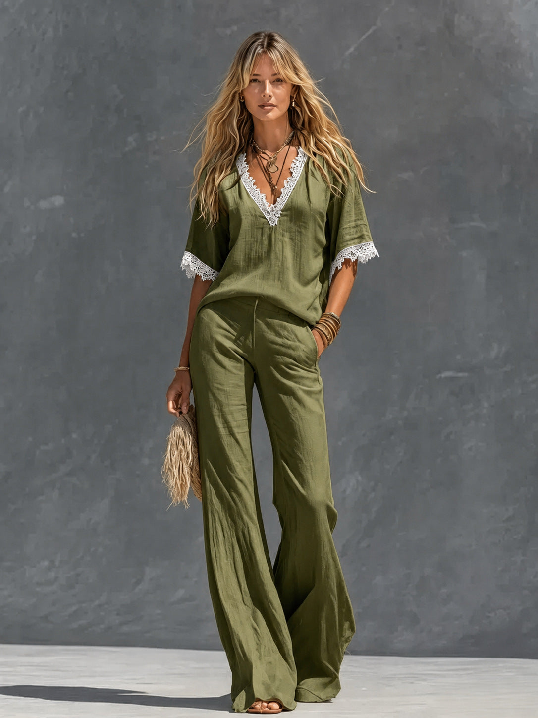 Zella Cotton Linen Lace Two Piece Pants Set