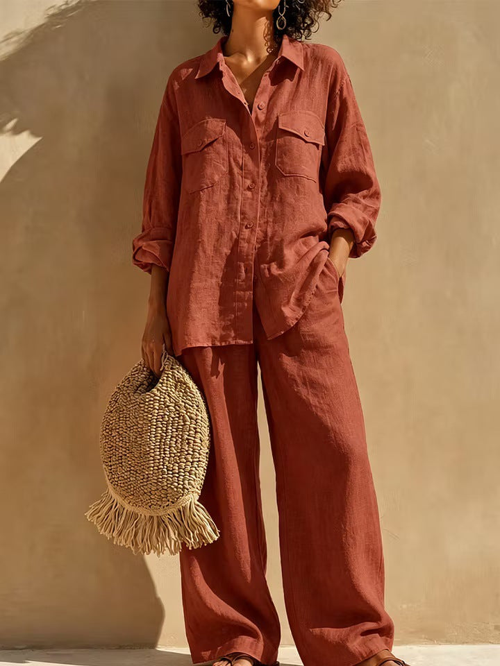 Alize Lightweight Button-Up Wide Leg Pants Set