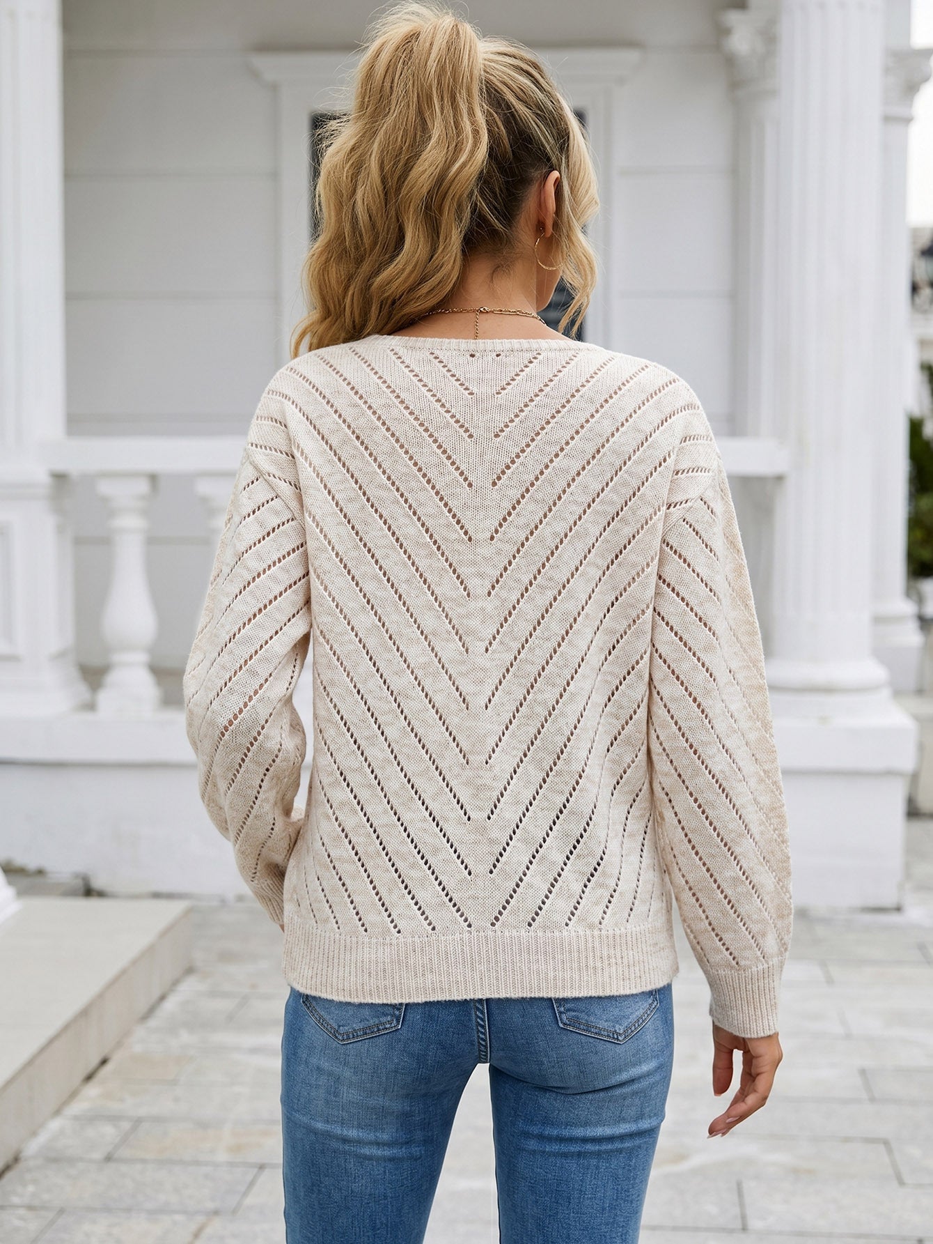 Margo & Main – pointelle v-neck knit pullover, fabric detail, US women's sizes